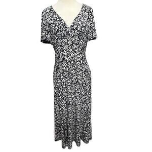 Chaps Blue White Floral Midi Dress M Empire Waist A Line Jersey Stretch Cottage